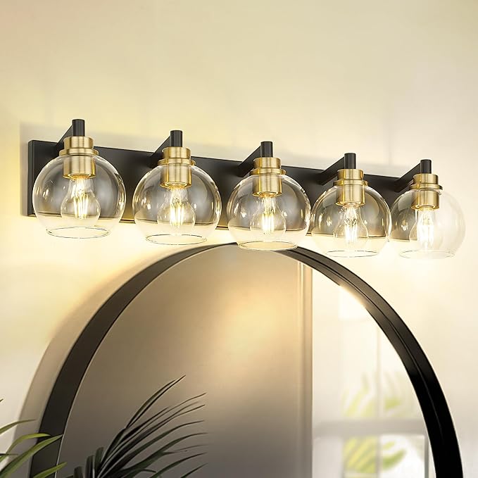 METWET Bathroom Light Fixtures, 5-Light Black and Gold Bathroom Vanity Light, 32 Inch Modern Wall Sconces with Globe Clear Glass Shade, Vanity Lighting Fixtures Over Mirror, VL195-KG-5