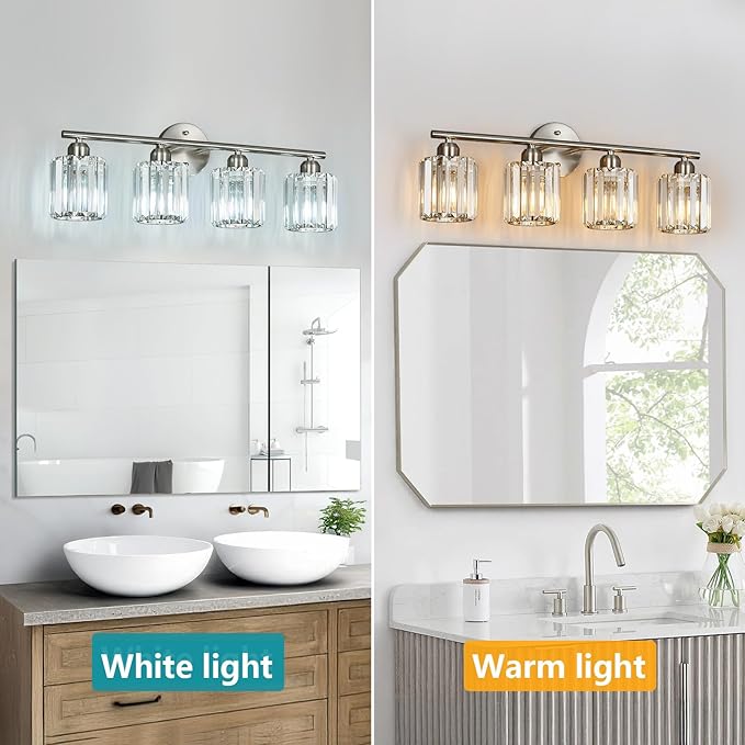 FDPBY Modern 4 Light Crystal Vanity Light, Brushed Nickel Vertical Bathroom Light Fixture Over Mirror for Dressing Table Sink, Compatible with Dimmable Bulbs (Bulbs Not Included)