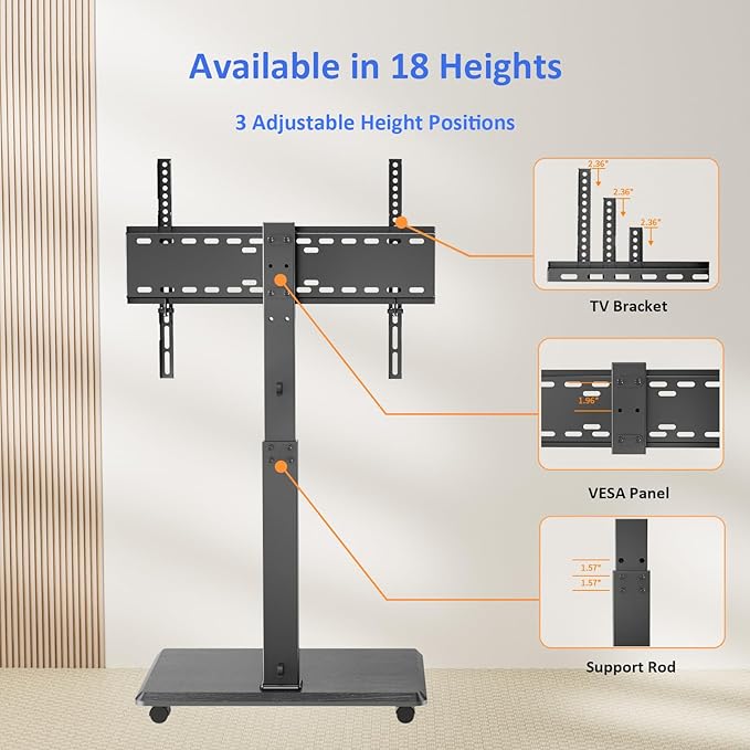 Afaloona Rolling TV Stand, Portable Mobile TV Stand for 32-75 Inch TVs up to 110 lbs, 18 Adjustable Heights, Max VESA 600x400mm, Rolling TV Cart on Wheels with Mount for Bedroom, Office, Outdoor