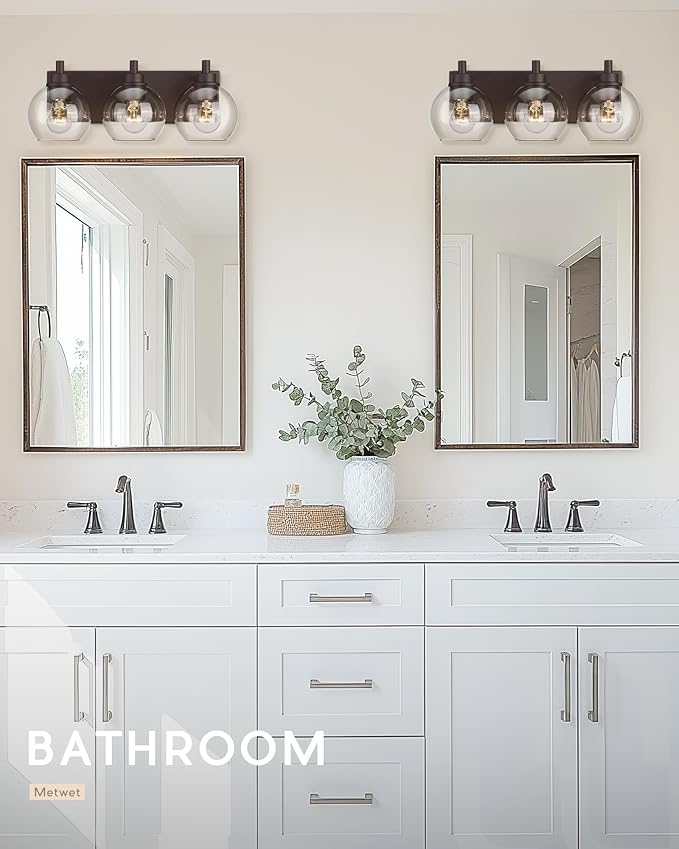 METWET Bathroom Light Fixtures Over Mirror, 3-Light Oil Rubbed Bronze Vanity Light with Clear Glass Globe Shade, Modern Sconces Wall Lighting, Bathroom Wall Lights for Bedroom Hallway, VL195-ORB-3