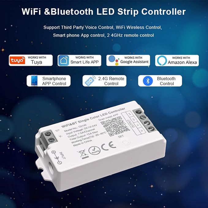 TUNICHX C01W Monochrome LED Strip Controller 2.4 GHz WiFi Group Controller Alexa Google Home Smartphone APP Control Compatible with WR02RF LM007 LM087 FUT006 B1 Mi-Boxer/Mi-Light Dim Remote