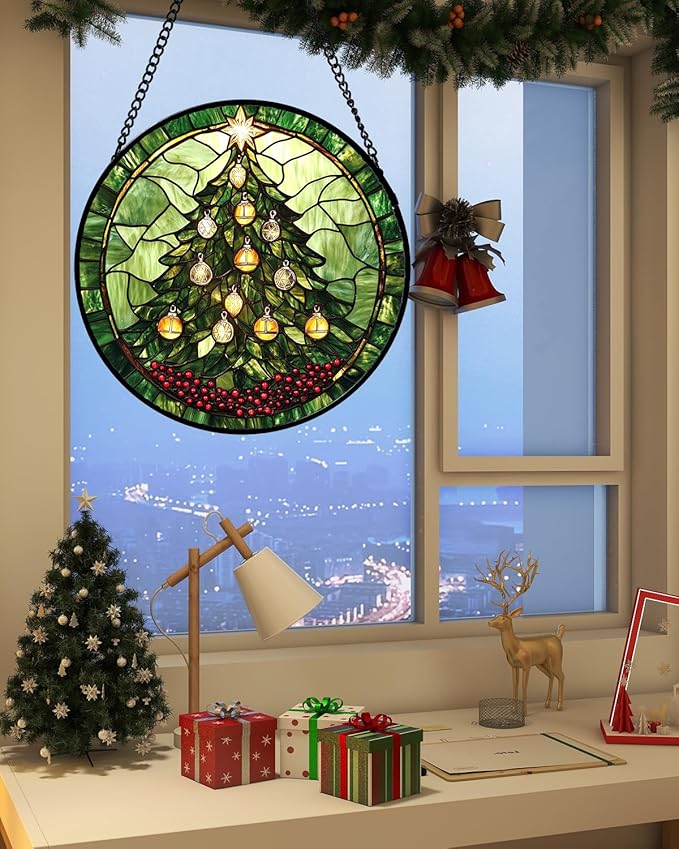 DASTOLL Stained Glass Window Hanging - Green Christmas Tree Golden Bells Suncatcher for Doors Home Christmas Decoration Sun Catcher Thanksgiving New Year Birthday Gift for Women Men Mom Nana 11.8 in