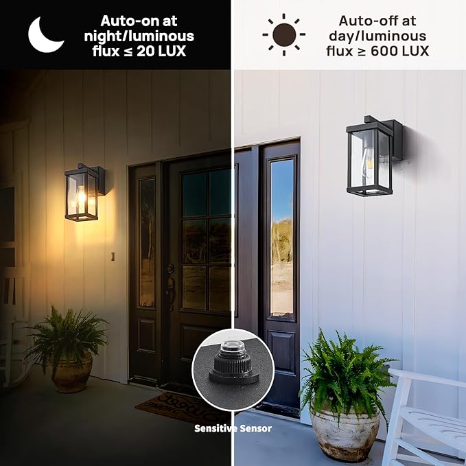 JOKAONOTL Dusk to Dawn Porch Lights with GFCI Outlets Waterproof Outdoor Wall Lights Exterior Lighting Fixtures Modern Outside Lights Wall Mount for House Patio Garage,Black,11.8''H,1PC