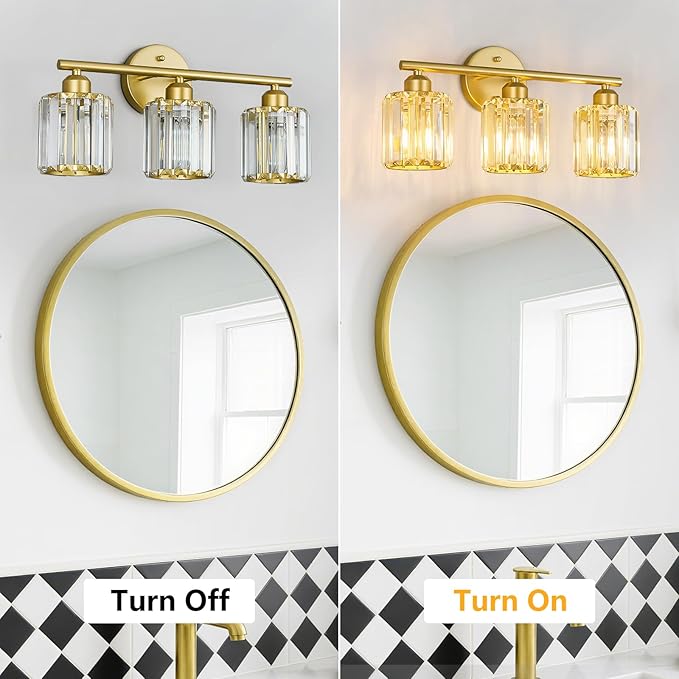 FDPBY Modern 3 Light Crystal Vanity Light, Gold Vertical Bathroom Light Fixture Over Mirror for Dressing Table Sink, Compatible with Dimmable Bulbs (Bulbs Not Included)