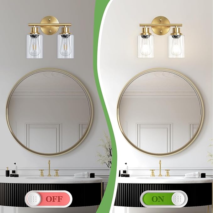 Guliaofo 2-Light E26 Bathroom Light Fixtures, Modern Brushed Gold Vanity Lights for Bathroom with Clear Glass Shade, Mirror Kitchen Hallway Cabinet Living Room Sconces Wall Lights