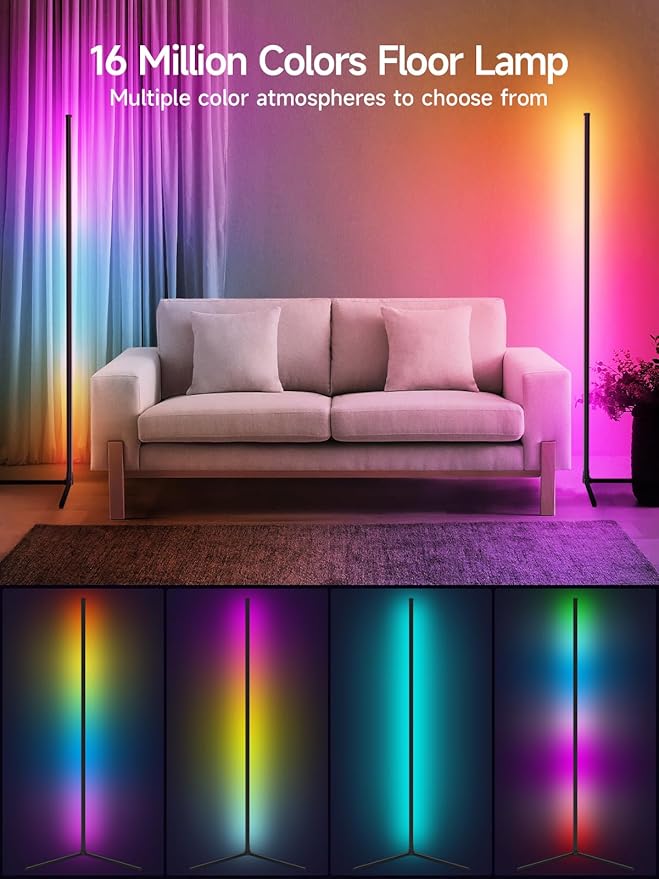 Tyute Corner Floor Lamp, RGB LED Corner Lamp with Music Sync, Smart App and Remote Control Color Changing Ambience Light, 16 Million Colors for Bedroom, Living Room Gaming Room (2pcs)