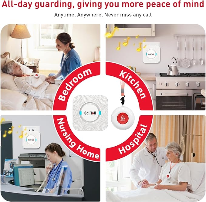 CallToU Wireless Caregiver Pager Call Button Call Bell Medical Alert System for Seniors Patients Elderly at Home 2 Waterproof Transmitters 3 Plugin Receivers