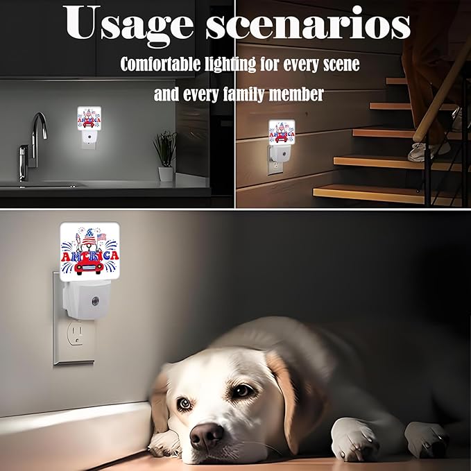 FSHVQKD Happy Independence Day Night Light,Plug Into Wall with Dusk to Dawn Light Sensors, Warm Nightlights for Bedroom, Bathroom, Hallway, Kitchen, Gifts Ideal for Boys Girls Women Men