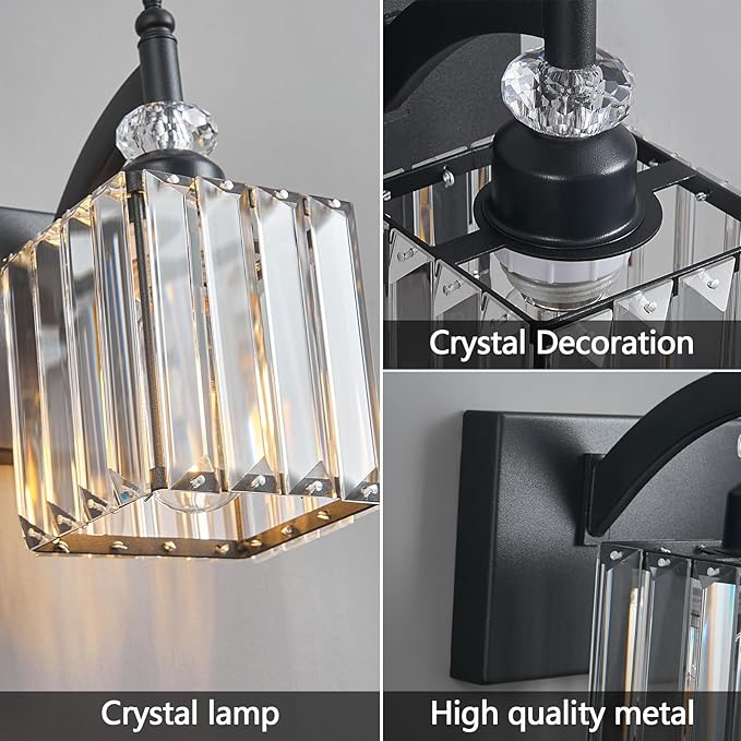 BBLLWJ Modern Bathroom Vanity Light 2-Light Black Crystal Light Fixtures Over Mirror for Bathroom Wall Sconce