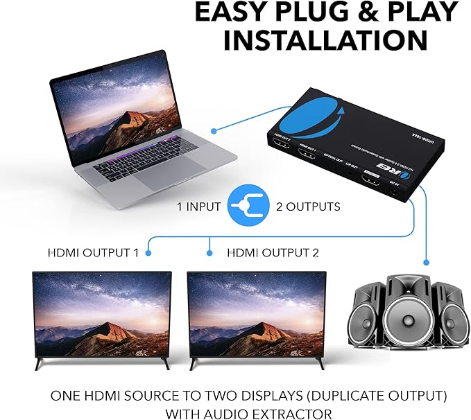 OREI 1x2 2.0 HDMI Splitter with Scaler Audio Extractor 2 Ports with Full Ultra HDCP 2.4K at 60Hz & 3D Supports EDID Control - UHDS-102A