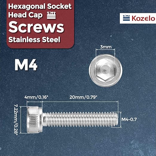 Kozelo 50pcs Socket Head Cap Screws - [M4-0.7 x 20mm] 304 Stainless Steel Allen Socket Drive for Electrical Motor 3D Printing Fan Engine Replacement Use, Silver
