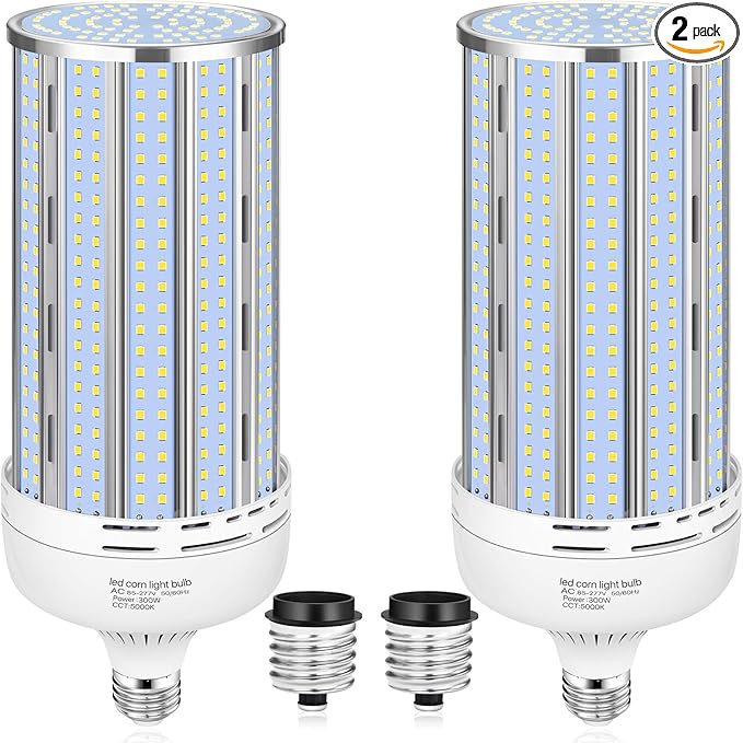 XYCN 2 Pack 300W Corn LED Light Bulb Fanless,5000K Daylight(3000 Watt Equivalent) E26/E39 Large Mogul Base LED Cob Lamp 44,000LM for Outdoor Indoor Garage Warehouse Factory Workshop Street Backyard