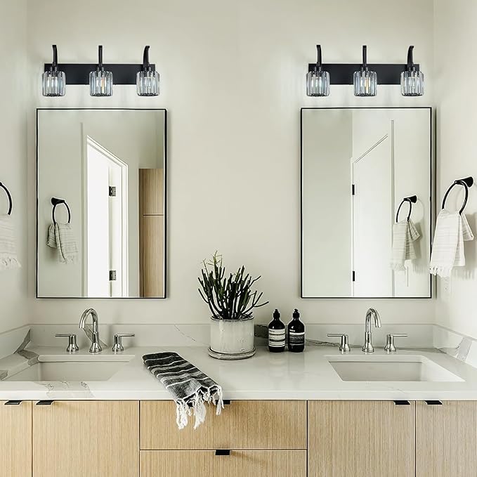 FDPBY 3-Light Crystal Vanity Light, Modern Black Bathroom Wall Sconce with K9 Crystal Shades, 23.62" Long Over Mirror Lighting for Vanity, Makeup, Hallway, Elegant & Durable