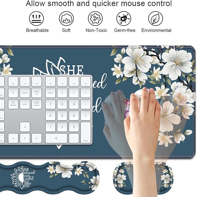 Ergonomic Keyboard Wrist Rest & Mouse Pad Wrist Rest Set, She Believed She Could So She Did Inspirational Quote Large XXL Gaming Desk Mat 31.5"x 11.8" with Non-Slip Base for Home Office Study Gaming