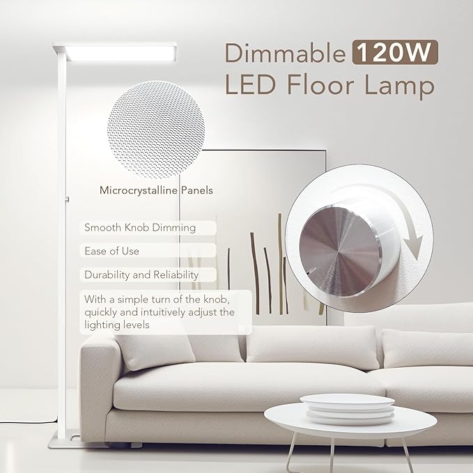 120W LED Floor Lamp, 76.8" Tall Reading Light, 10000LM Knob Dimming Standing Lamp, Full Spectrum Eye Care Reading Lamp, 4000K Natural Daylight for Study Room, Office, Living Room, Bedroom (White)