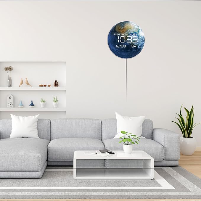 HOMLOVE Digital Wall Clock with Large LED Display, Earth Modern Electric Wall Clock [Plug-in] for All Room, Home, Office, (Earth, 12.59 INCH)