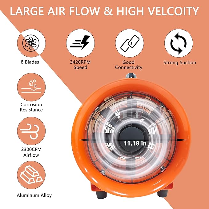 FICBXRA Utility Blower Fan 12 Inch Portable Axial Exhaust Fan 790W/7A 2300CFM High Velocity Ventilator with 32FT Duct Hose for Exhausting & Ventilating at Home and Job Site