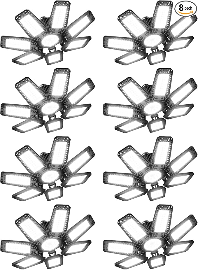 CHENGCHILIT LED Garage Light 8 Pack - 200w 20000LM 6500K Garage Lights Ceiling LED with 7+1 Adjustable Panels, Shop Lights Screw in E26 E27 Bulb Socket for Workshop, Storage Room, Basement, Warehouse