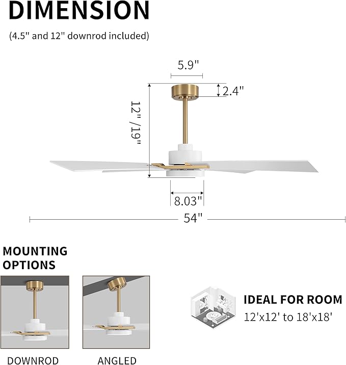 WINGBO 54 Inch Ceiling Fan with Light and Remote, 4 Plywood Blades, 6-Speed Reversible DC Motor, Dimmable, 3CCT, Farmhouse Ceiling Fan for Bedroom Living Room Kitchen, Brass and White