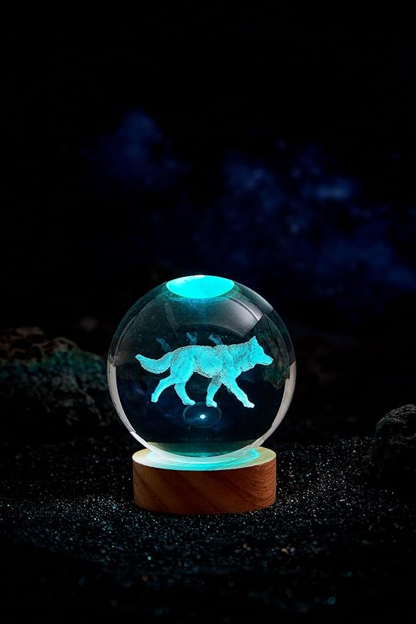 3D Crystal Ball Lamp with Lifelike Wolf, 16 Color Changing Light, Dimmable Remote Control