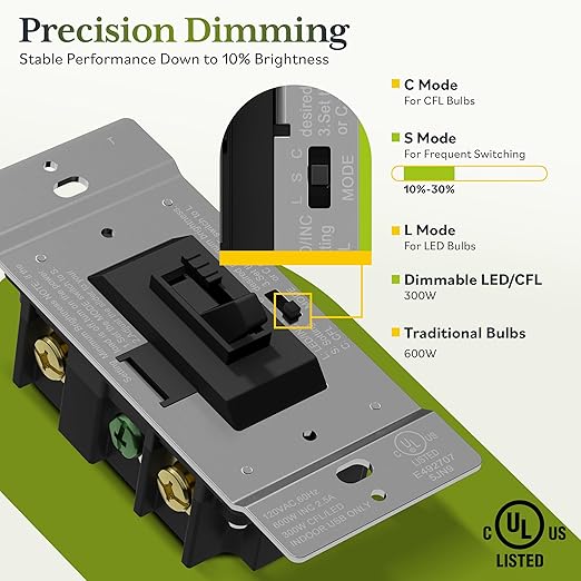 TG Digital Toggle Dimmer Light Switch for Dimmable LED, CFL and Incandescent Light Bulbs, Single Pole/ 3-Way Toggle LED Dimmer Light Switch, UL Listed, Wall Plate Sold Separately,1 Pack, Black