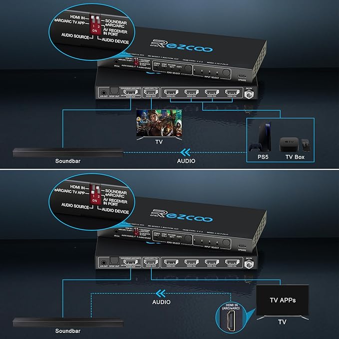 4K@120Hz HDMI 2.1 Switch 4 in 1 Out with Audio Extractor VRR ALLM HDCP2.3 ARC eARC HDR CEC SPDlF Optical and 3.5mm Audio Out D-o-l-b-y Digital EDID for PS5 Xbox NVIDIA AMD