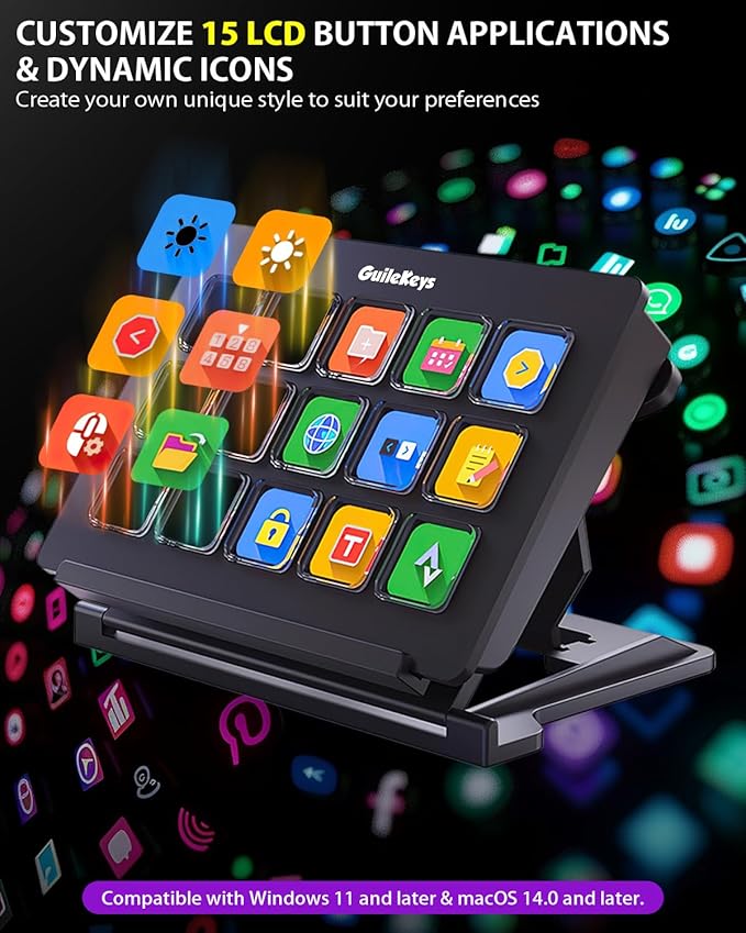 GuileKeys Stream Controller, Stream Deck with 15 Macro Keys Customizable, Gaming Macro Keypad with Trigger Actions in OBS/Twitch/YouTube/Streamlabs/Discord/Zoom, Compatible with Mac/PC, Foldable Stand