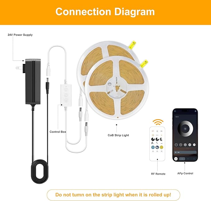 Pandery COB LED Strip Lights Natural White,24V Dimmable led Light Strip KIT with Remote and app Control,4000K 65FT/20m 8mm Wide Ra>90 Cuttable Flexible Strip Lights for Bedroom,Shelf,Cabinet