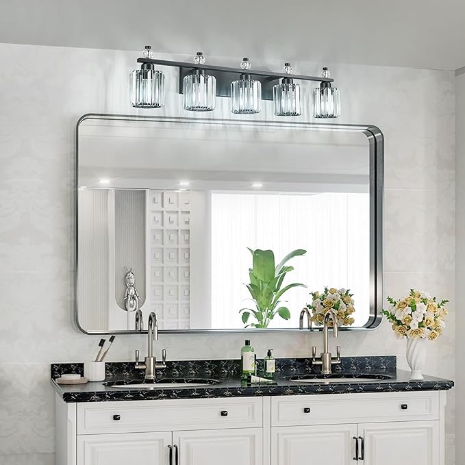 FDPBY Bathroom Vanity Lights 5-Light Sand Black Modern Crystal Vanity Light Fixtures Over Mirror Crystal Bathroom Vanity Lighting Fixtures