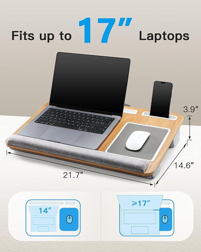 HUANUO Lap Desk - Fits up to 17 inches Laptop Desk, Built in Mouse Pad & Wrist Pad for Notebook, Laptop, Tablet, Lap Stand with Tablet, Pen & Phone Holder, Wood Grain