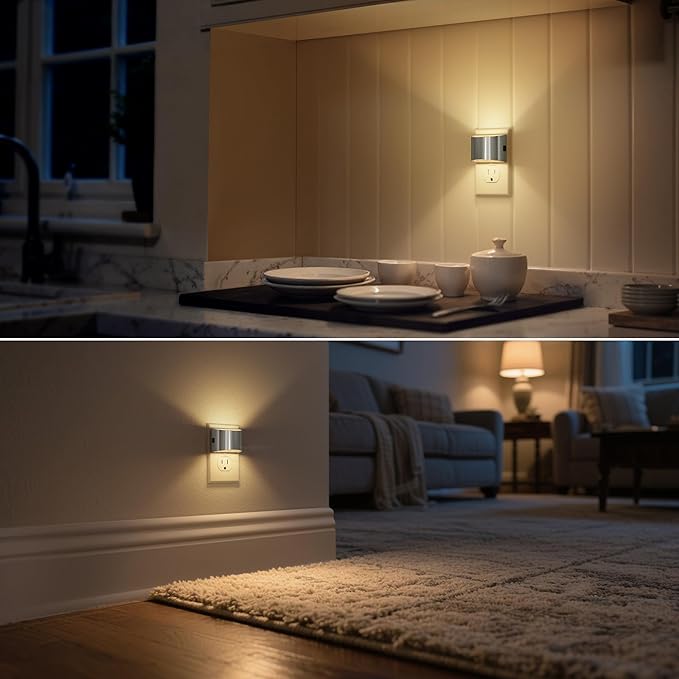 DORESshop LED Night Light[2 Pack], Night Lights Plug into Wall, 3 Level Brightness Adjustable Plug in Night Light, Dusk to Dawn Sensor Nightlights for Adults,Bedroom,Hallway,3000K -Chrome Cover