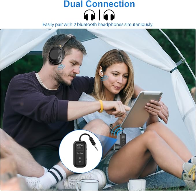 SafeFly Dual Bluetooth Transmitter, 3.5mm AUX Wireless Audio Adapter W/Screen for Airplanes to Wireless Headphones, APTX Low Latency, Dual Pairing, 30H Battery, Audio Adapter for TV/Gym/Gaming -Black