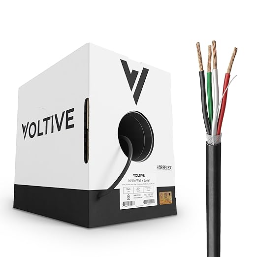 Voltive 16/4 Speaker Wire, in-Wall CL3 & Direct Burial, Black, 250ft - 16AWG, 4 Conductors, Stranded Oxygen-Free Copper, UL Listed - V-1211-3