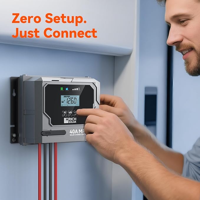 RICH SOLAR Bravo 40 | 40A MPPT Solar Charge Controller with Bluetooth – 12V/24V Auto-Detect, Lithium & Lead-Acid Battery Support for RVs, Campers & Off-Grid Systems