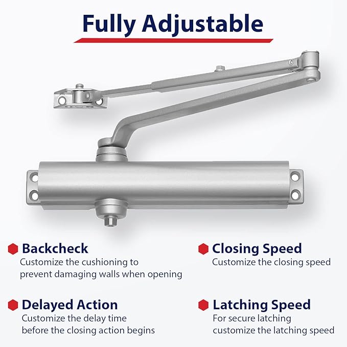 Lawrence Heavy Duty Door Closer Commercial Grade 1 - Adjustable 6-Speed Delayed-Action Door Control with 3 Pistons – Flexible Installation with Included Hardware - Embassy Series LH816