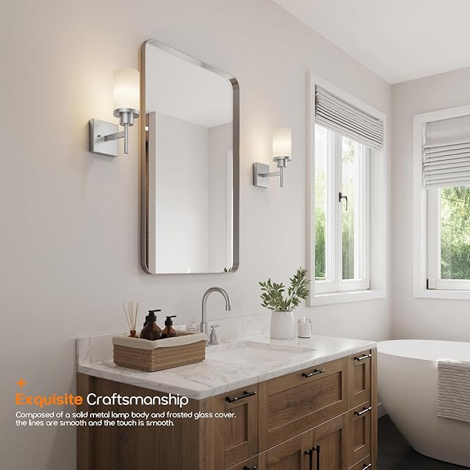 AONEON Bathroom Light Fixtures Brushed Nickel Vanity Lights with White Frosted Glass Shade, Wall Lamp for Mirror Kitchen Bedroom Living Room Porch T001BR-L1