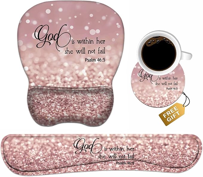 Ergonomic Mouse Pad Wrist Support and Keyboard Wrist Rest Set with Coasters, Non-Slip PU Base, Easy Typing & Pain Relief for Computer Laptop Home Office, Bible Verse Psalm 46:5