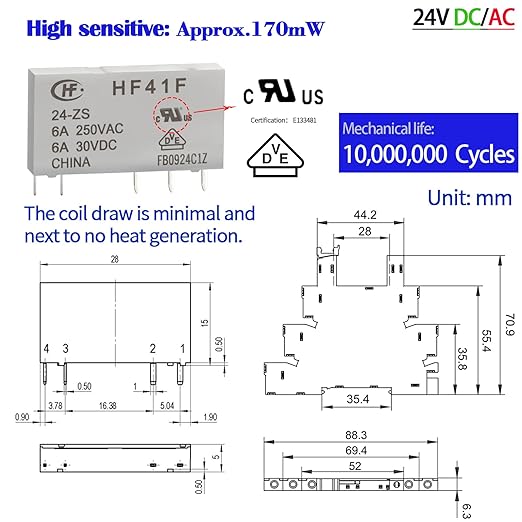 ZJWZJH 10Pcs Miniature Electromagnetic Relay 24V Coil DC/AC; Signal for PLC; HF41F/24-ZS 1NO 1NC 6Amp SPDT with Jumper, Separator, 24V Relay Din Rail, UL Listed