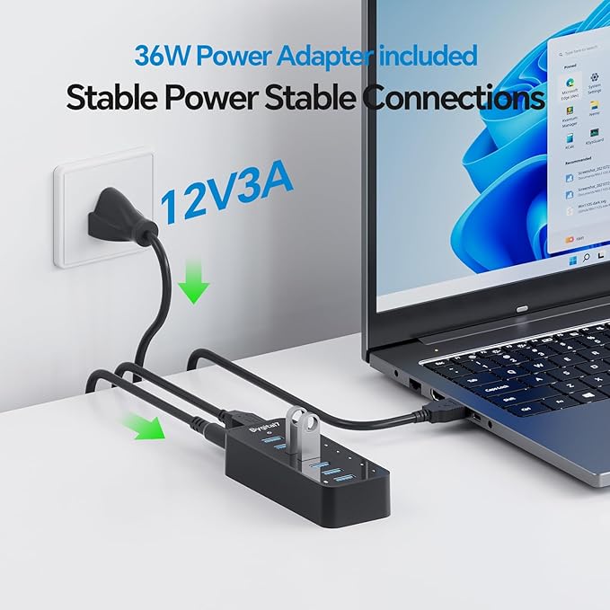 USB 3.0 Hub, 7Ports USB Hub with 1BC1.2 Ports, Multi USB Data Hub Compatible with Mac, Laptops, Desktop, All USB Devices, Mobile and HDD, USB 3.0 Splitter (36W Adapter Included)
