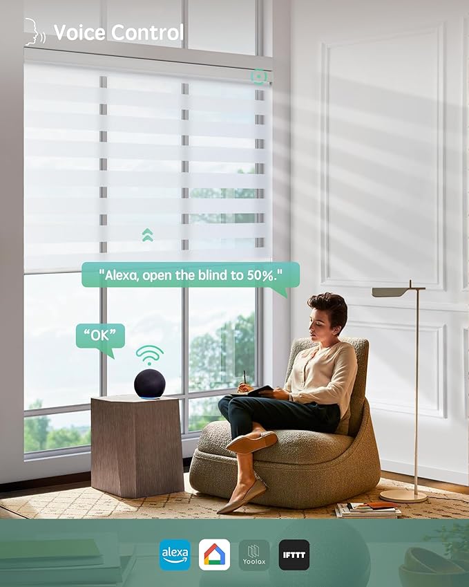 Yoolax Motorized Blinds with Remote, Electric Zebra Blinds for Indoor Windows, Room Darkening Smart Shades with Voice Control, Compatible with Alexa Google Home, APP Control, 51" W x 72" H, White