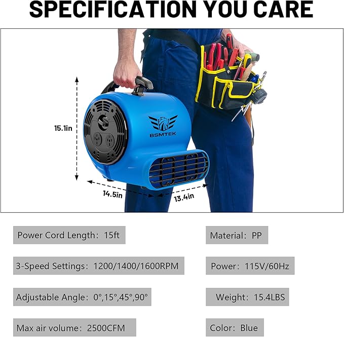 BSMTEK Air Mover Blower Fan, Industrial 1/2HP 2500CFM Monster Floor Blower Carpet Dryers - 3 Speeds, 4 Adjustable Angles, 15FT Long Cord, Stackable - 2026 Upgraded