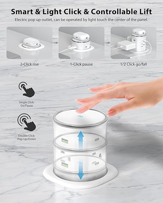 Motorized Pop Up Outlet,2 PD 45W USB C Charging Station, 3.15 in Hole Desktop Power Grommet Electrical Power Outlets Insert in 4AC 4 USB Ports 15W Wireless Charger for Kitchen Countertop