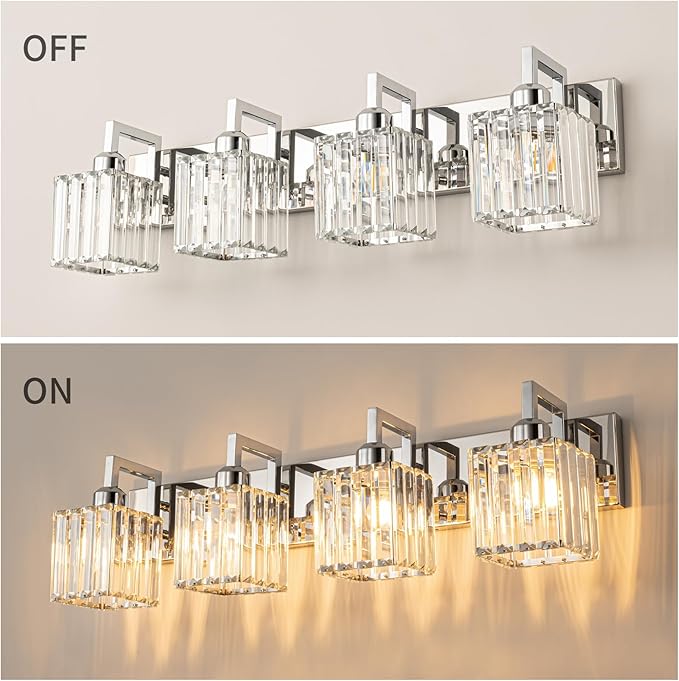FDPBY Modern Bathroom Vanity Light 4-Lights Chrome Crystal Wall Lamp Bathroom Modern Crystal Vanity Lighting