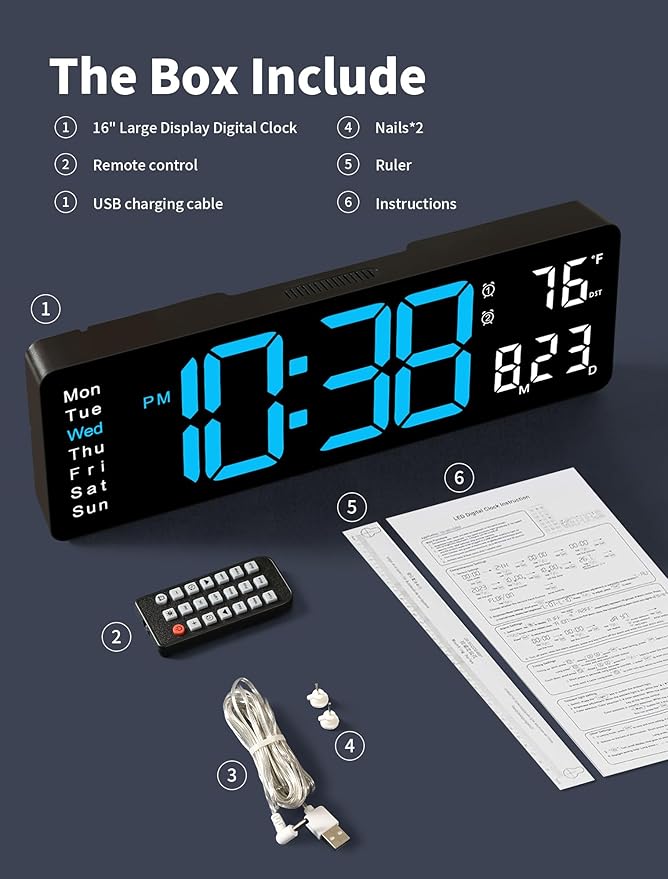 MASHI Digital Wall Clock, 16" Large Display Digital Clock with Remote Control, Auto-Dimming Wall Clock with Night Light, DST, Date Week,Temp for Living Room, Bedroom, Decor, for Elderly