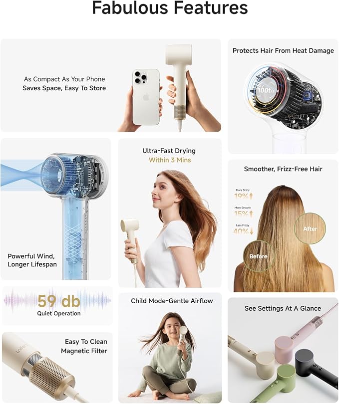 Laifen MINI Hair Dryer, Lightweight and Compact High Speed 200M Ionic Blow Dryer with 110, 000 RPM Brushless Motor for Fast Drying, Low Noise, Hairdryer with Magnetic Nozzle, Child Mode