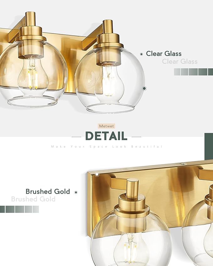 METWET Bathroom Light Fixtures, 3-Light Brushed Gold Vanity Light, Modern Wall Sconces with Clear Glass Globe Shade, Bathroom Wall Lights for Mirror Kitchen Bedroom Hallway Living Room, VL195-GD-3