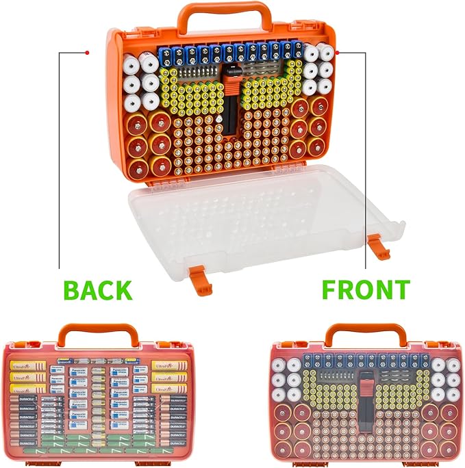 Aptbyte Battery Organizer Storage Holder Box Case with Tester- 269 Batteries Double-Sided Variety Pack, Holds AA AAA 4A C D Cell 9V 3V Lithium LR44 CR2 CR123 CR1632 18650 Button- Orange (Box Only)