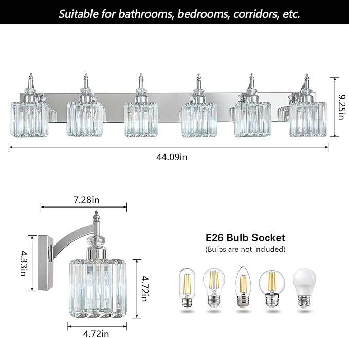 BBLLWJ 6 Light Bathroom Vanity Light Modern Chrome Vanity Light Fixtures Bathroom Light Fixtures Over Mirror Crystal Vanity Lighting Fixtures