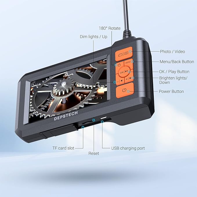 DEPSTECH Dual Lens Industrial Endoscope, 1080P Digital Borescope Inspection Camera, 7.9mm IP67 Waterproof, Sewer Camera with 4.3" LCD Screen, 7 LED Lights, 16.5FT Semi-Rigid Cable, 32GB Card - Orange