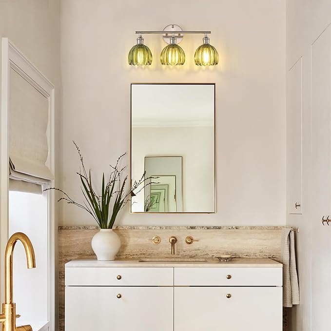 Shenmoyl Bathroom Light Fixtures, 3-Light Vanity Wall Light Over Mirror with Green Tulip Glass Shade for Bedroom Living Room (Bulb Not Included), Satin Nickel